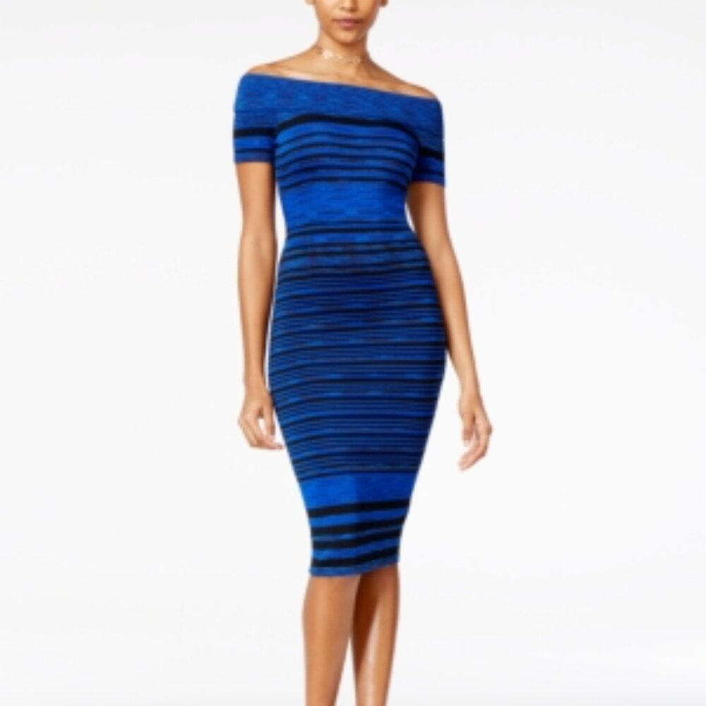 XOXO Off-the-Shoulder Knitted Striped Bodycon Midi Dress